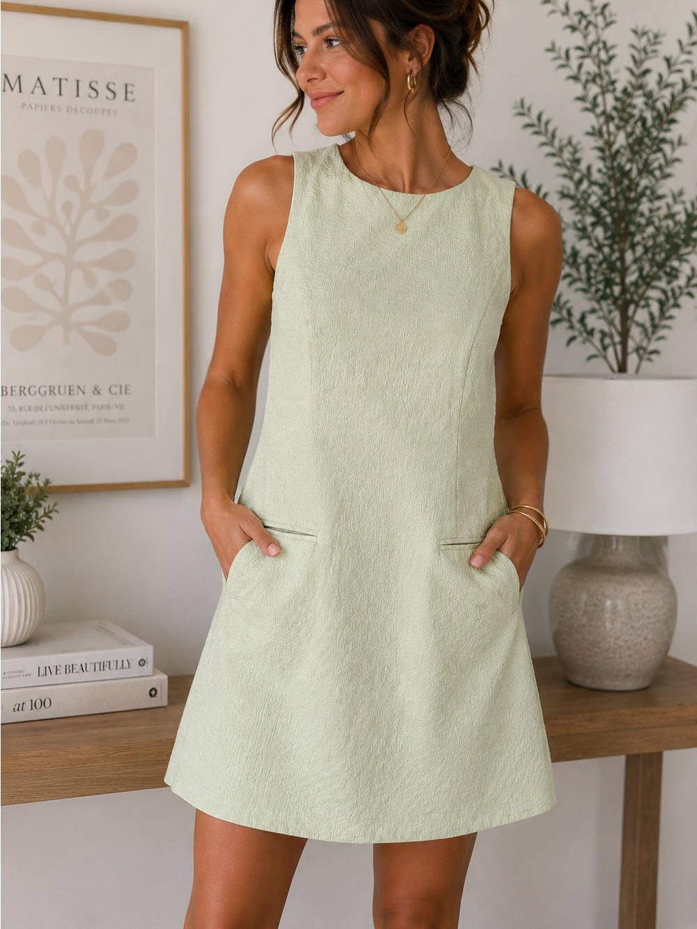 Rihoas Mint Green Textured Sleeveless Shift Mini Dress Pockets Size M Coastal